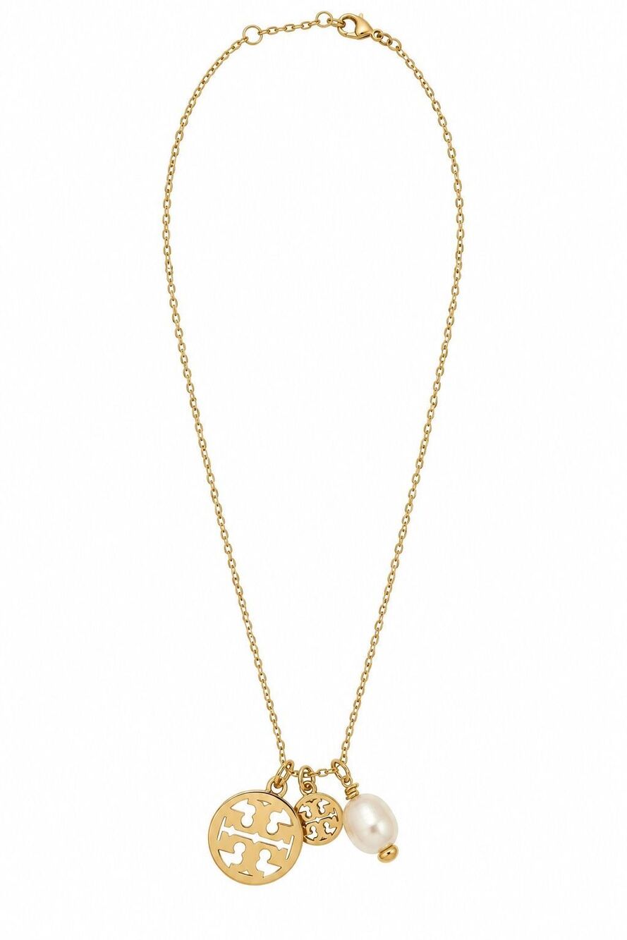Tory Burch Gold Tone Double Miller Logo Pearl Charm Pendant Necklace